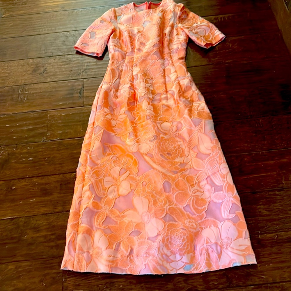 Lela Rose Raised Floral Embroidered Elbow Sleeve Dress, Peach Blush/Coral, Sz 8